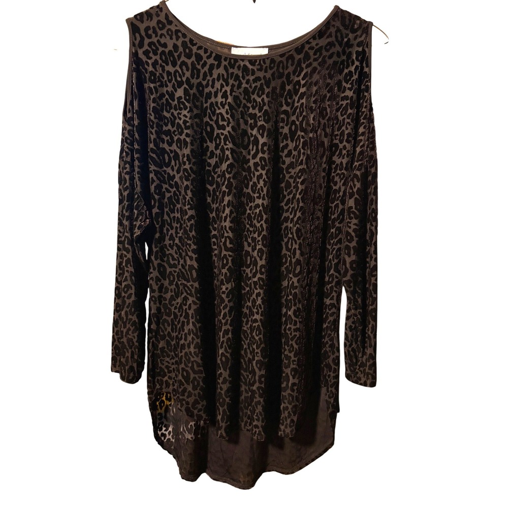 Peck & Peck‎ Cold Shoulder Tunic Womens XL Black Good Leopard Burnout Velvet Top